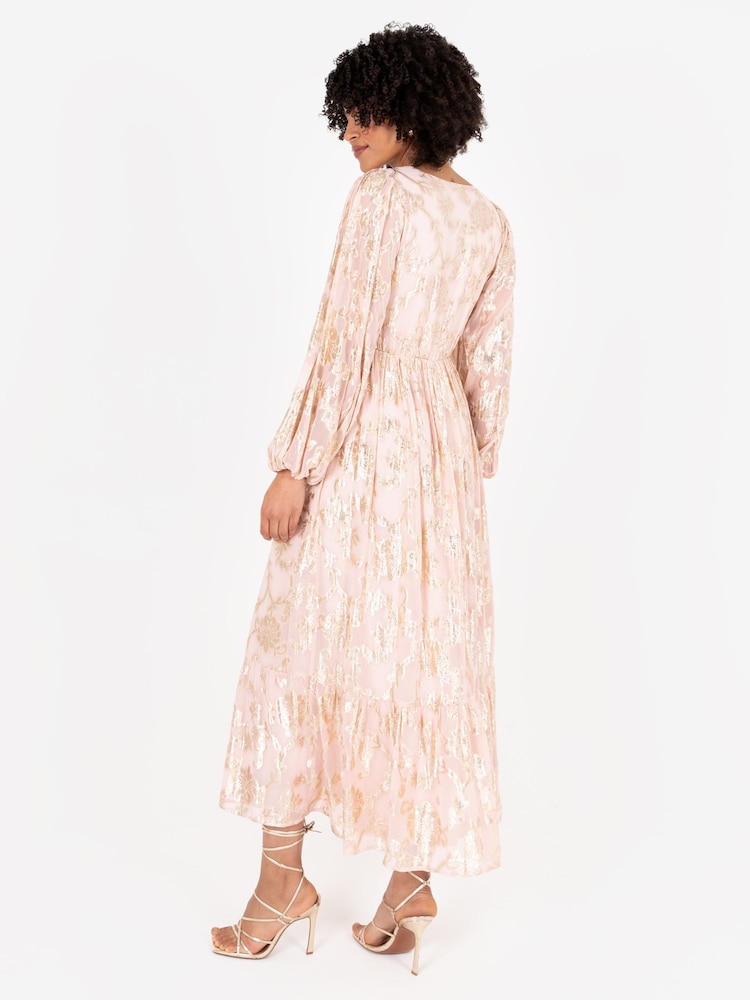 Lovedrobe Nude Long Sleeve Foiled Wrap Front Midaxi Dress - Image 6 of 6