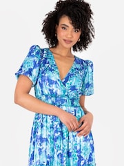 Lovedrobe Blue Shirring Waist Puff Sleeve Midi Dress - Image 4 of 5