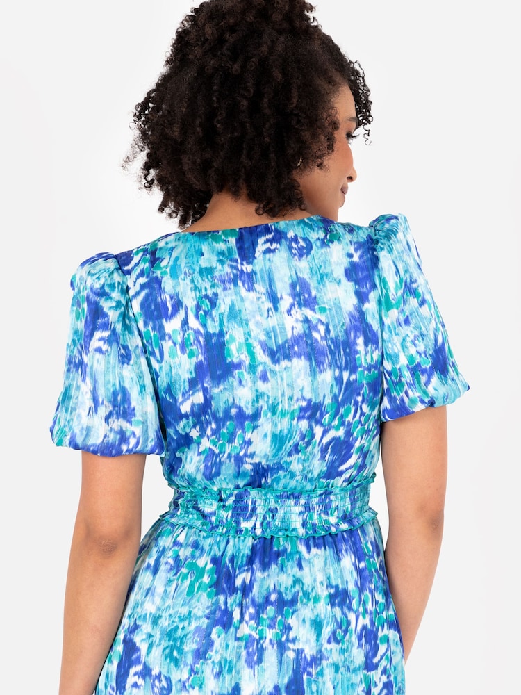 Lovedrobe Blue Shirring Waist Puff Sleeve Midi Dress - Image 5 of 5