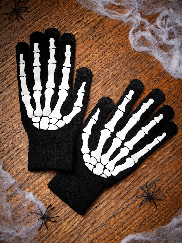 Black Halloween Skeleton Glow In The Dark Gloves - Image 1 of 4