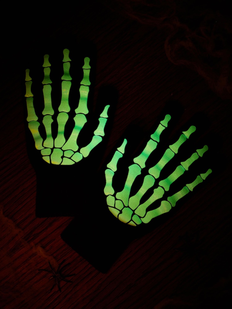 Black Halloween Skeleton Glow In The Dark Gloves - Image 2 of 4
