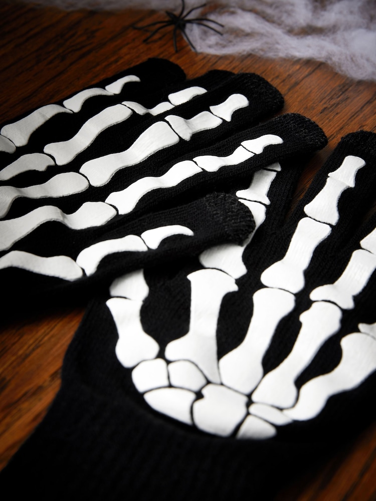 Black Halloween Skeleton Glow In The Dark Gloves - Image 3 of 4