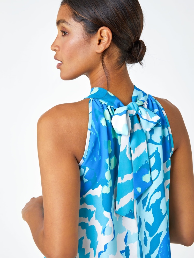 Roman Blue Animal Print Halterneck Tie Detail Top - Image 2 of 4