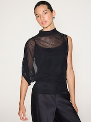 Black Short Sleeved Asymmetrical Mesh Top - Image 1 of 8