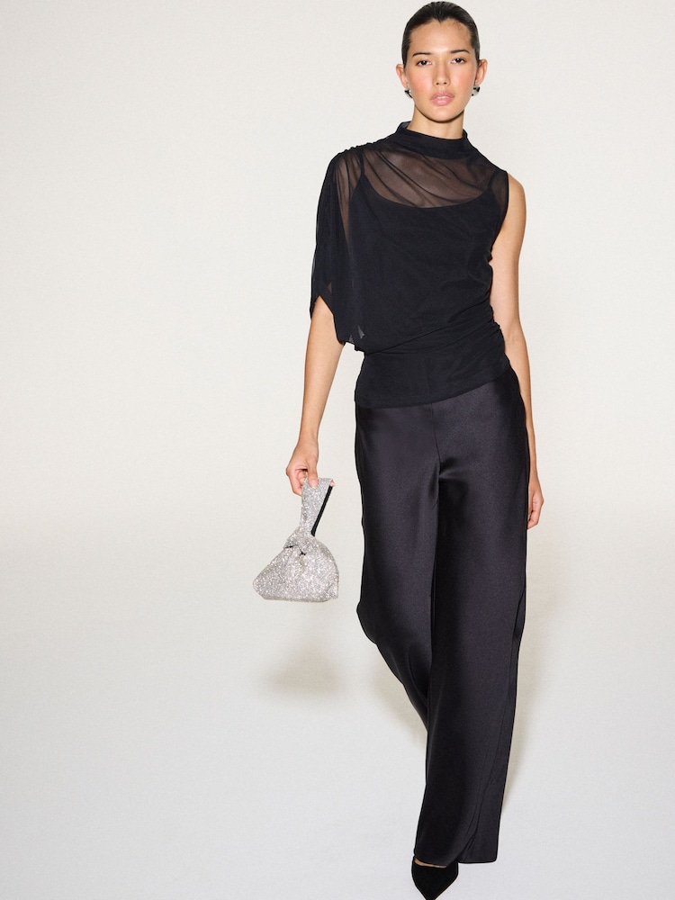 Black Short Sleeved Asymmetrical Mesh Top - Image 2 of 8