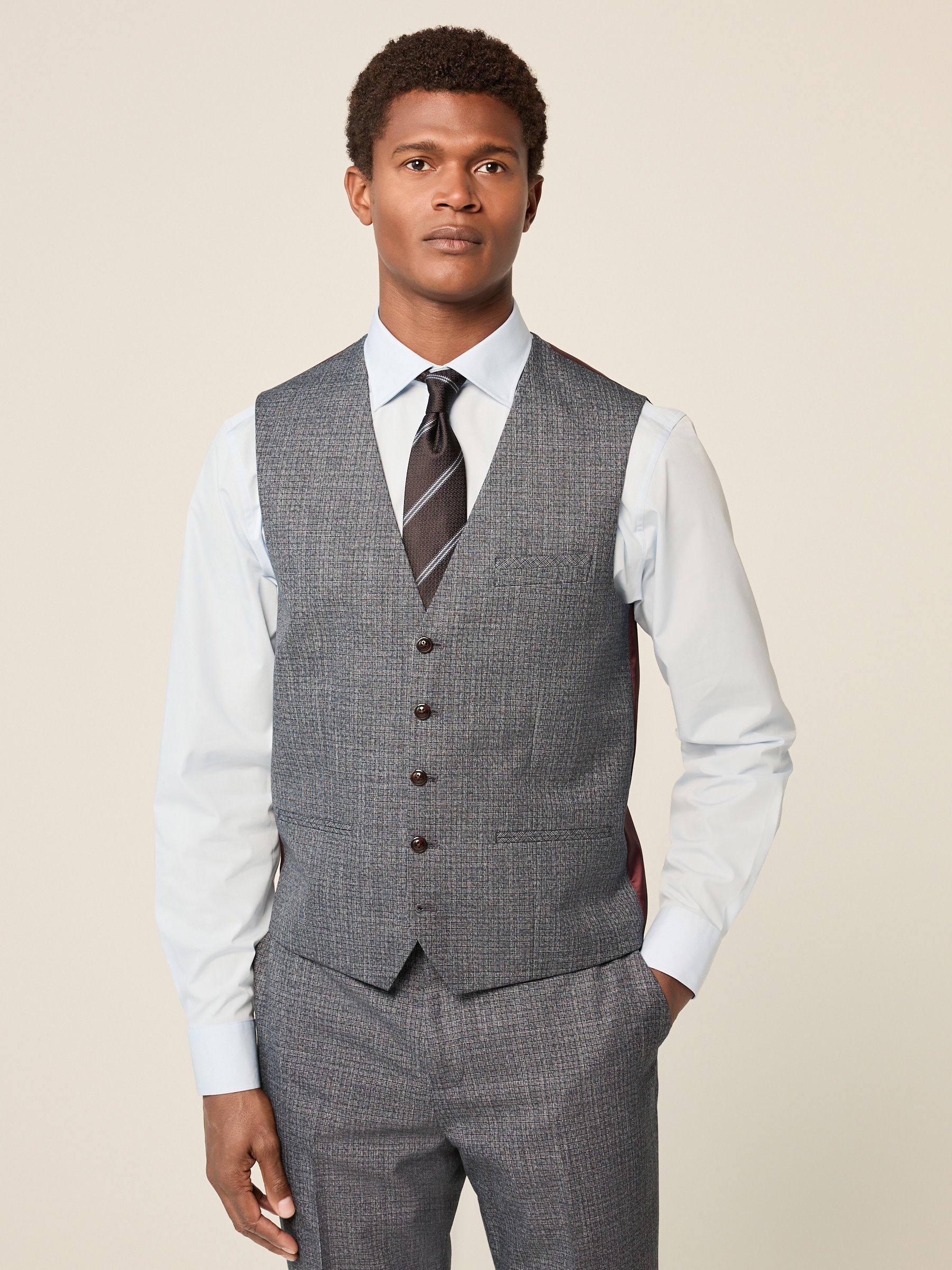 Blue Regular Fit Trimmed Textured Suit Waistcoat