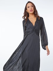 Roman Black Twist Detail Striped Midi Dress - Image 1 of 5