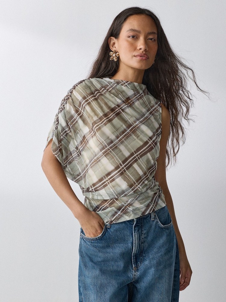 Green Short Sleeved Asymmetrical Mesh Top - Image 1 of 11