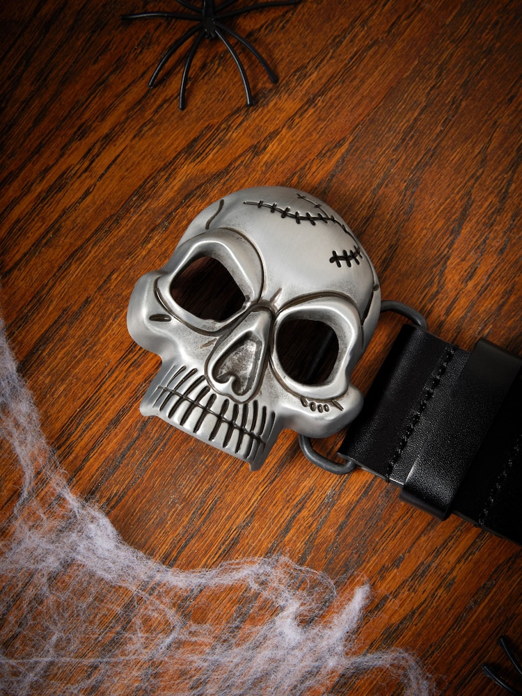 Black Halloween Skull Buckle Leather Belt - Image 2 of 3