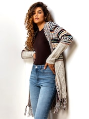 Roman Cream Print Tassel Hem Longline Cardigan - Image 1 of 4