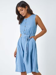 Roman Blue Sleeveless Belted Cotton Dress - Image 1 of 5