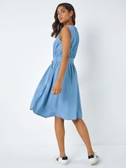 Roman Blue Sleeveless Belted Cotton Dress - Image 2 of 5