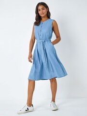 Roman Blue Sleeveless Belted Cotton Dress - Image 3 of 5