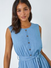 Roman Blue Sleeveless Belted Cotton Dress - Image 4 of 5