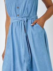 Roman Blue Sleeveless Belted Cotton Dress - Image 5 of 5