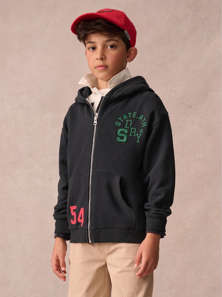 Superdry Navy Zip Through Varsity Hoodie - Image 1 of 11 Superdry Navy Zip Through Varsity Hoodie - Image 1 of 11