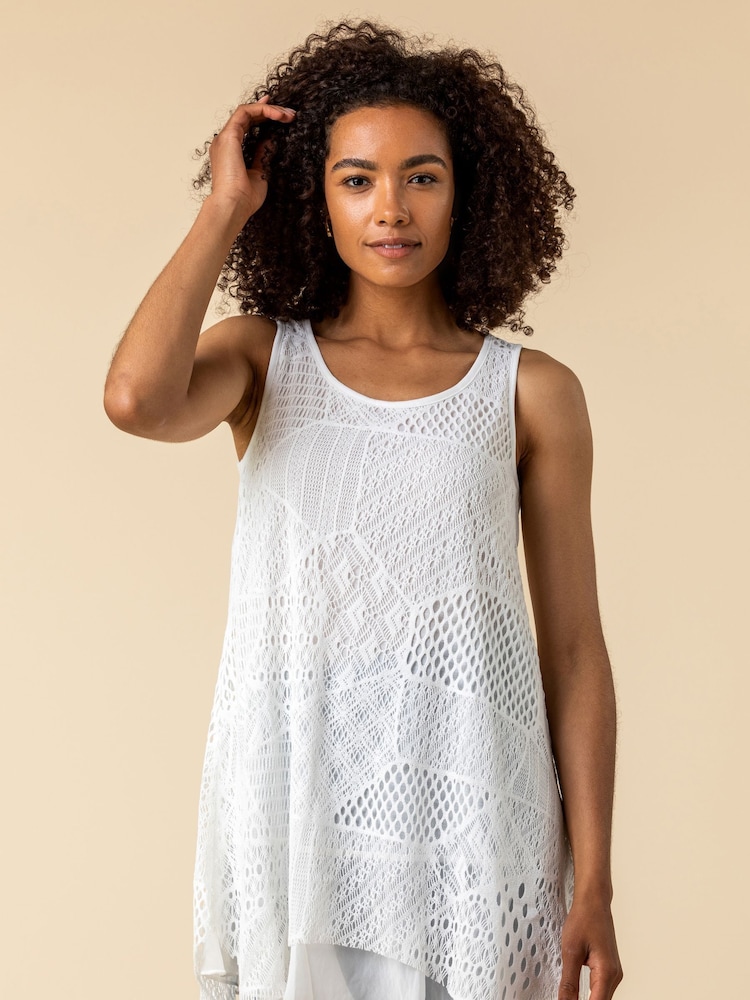 Roman White Lace Overlay Hanky Hem Vest Top - Image 1 of 4