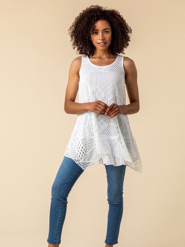 Roman White Lace Overlay Hanky Hem Vest Top - Image 2 of 4