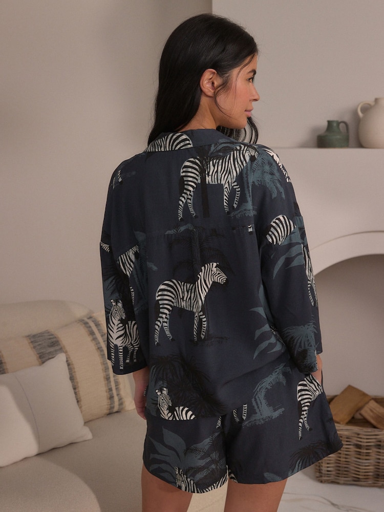 Charcoal Grey Zebra Button Through Short Set Pyjamas - Image 2 of 10