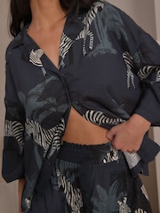 Charcoal Grey Zebra Button Through Short Set Pyjamas - Image 5 of 10