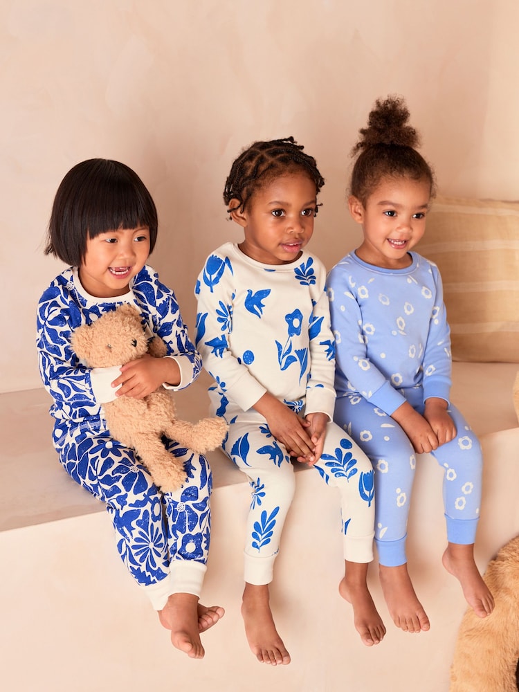 Blue/Cream Floral 3 Pack 100% Cotton Snuggle Pyjamas (9mths-12yrs) - Image 1 of 11 Blue/Cream Floral 3 Pack 100% Cotton Snuggle Pyjamas (9mths-12yrs) - Image 1 of 11
