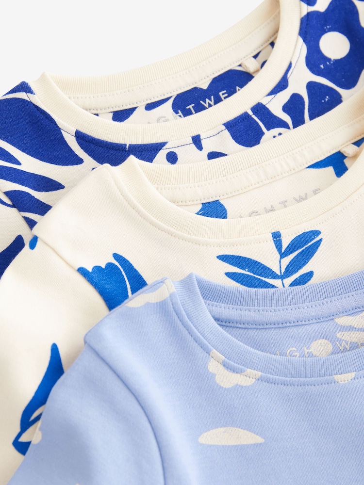 Blue/Cream Floral 3 Pack 100% Cotton Snuggle Pyjamas (9mths-12yrs) - Image 10 of 11