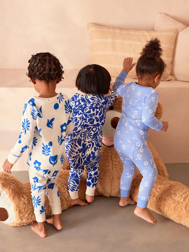 Blue/Cream Floral 3 Pack 100% Cotton Snuggle Pyjamas (9mths-12yrs) - Image 3 of 11