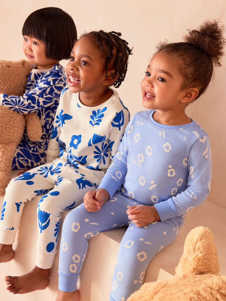 Blue/Cream Floral 3 Pack 100% Cotton Snuggle Pyjamas (9mths-12yrs) - Image 4 of 11