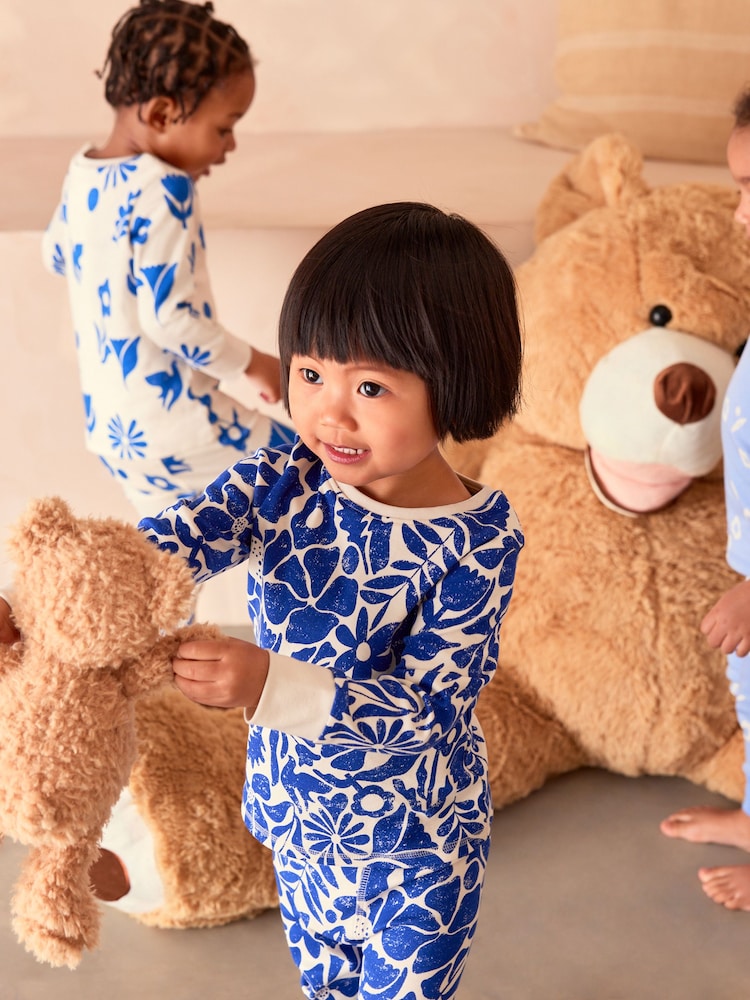 Blue/Cream Floral 3 Pack 100% Cotton Snuggle Pyjamas (9mths-12yrs) - Image 5 of 11