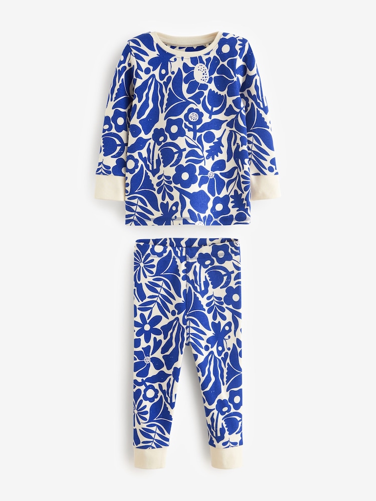 Blue/Cream Floral 3 Pack 100% Cotton Snuggle Pyjamas (9mths-12yrs) - Image 7 of 11