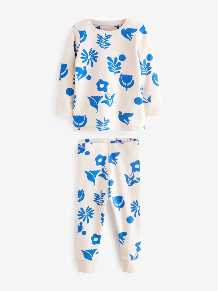 Blue/Cream Floral 3 Pack 100% Cotton Snuggle Pyjamas (9mths-12yrs) - Image 8 of 11