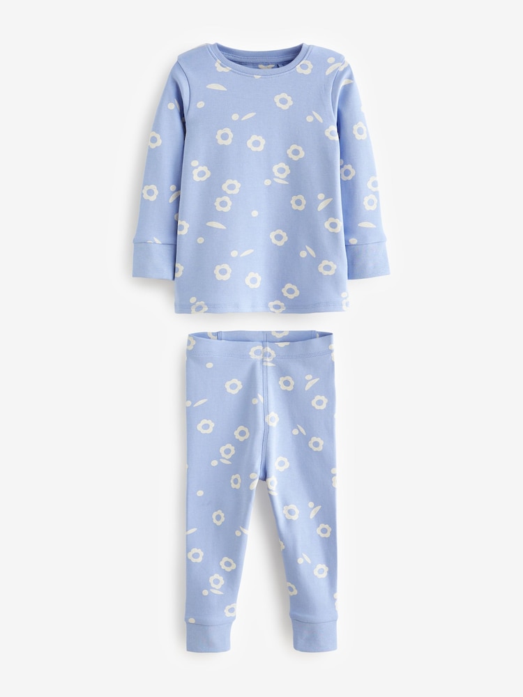 Blue/Cream Floral 3 Pack 100% Cotton Snuggle Pyjamas (9mths-12yrs) - Image 9 of 11
