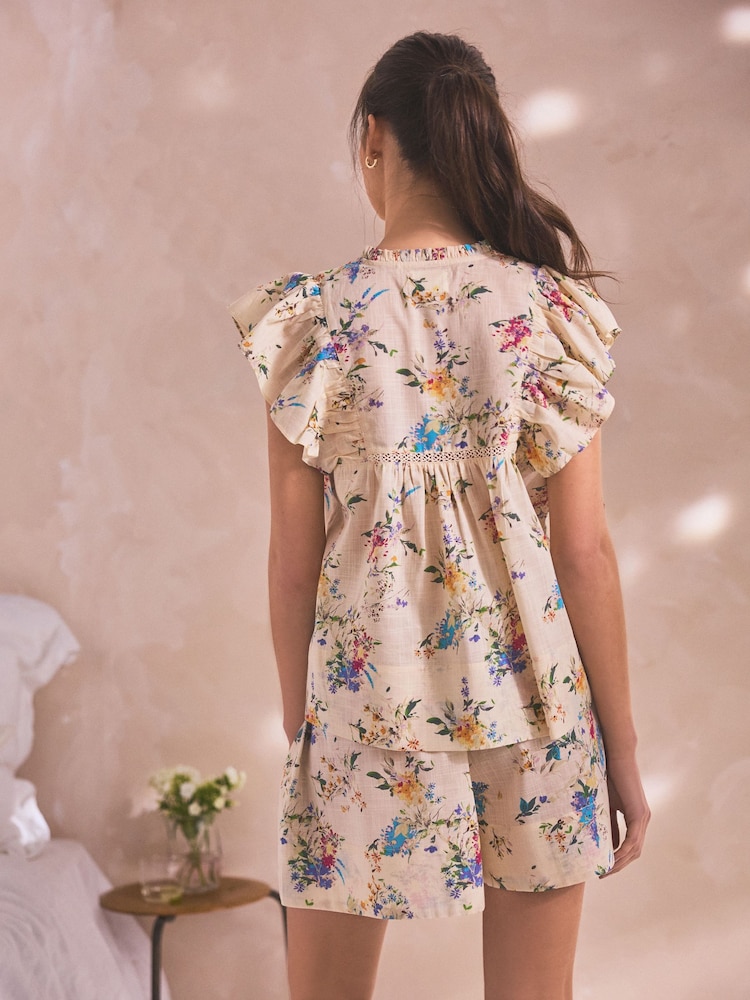 Cream Blumenmuster - Kurzes Pyjamaset aus leichter Baumwolle - Bild 1 von 5