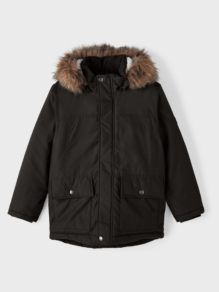 Name It Black Zip Up Faux Fur Parka Jacket - Image 1 of 5