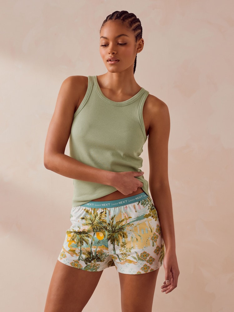 Sage Green Rib Vest Short 100% Cotton Pyjamas Set - Image 1 of 9