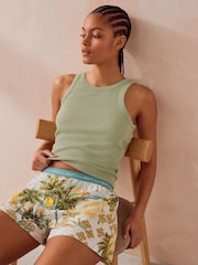 Sage Green Rib Vest Short 100% Cotton Pyjamas Set - Image 2 of 9