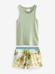 Sage Green Rib Vest Short 100% Cotton Pyjamas Set - Image 5 of 9