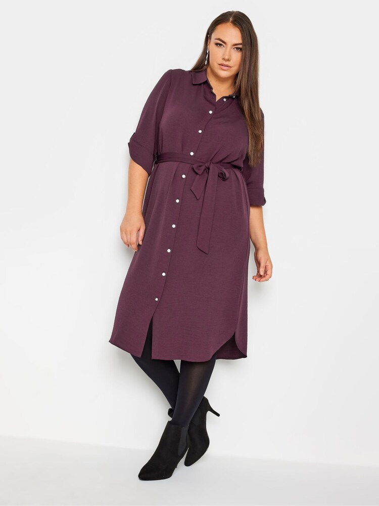 Yours Curve Purple Tab 3/4 Sleeve Dress - Image 1 of 4 Yours Curve Purple Tab 3/4 Sleeve Dress - Image 1 of 4