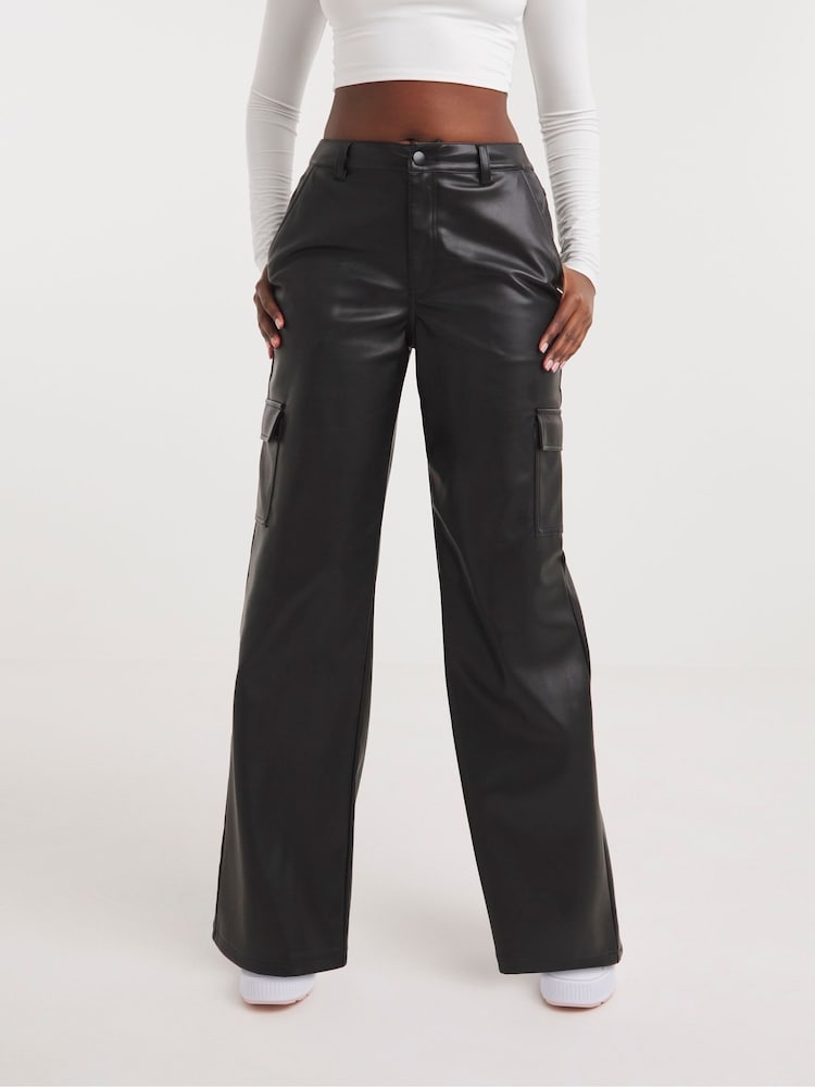 Simply Be Black PU Cargo Trousers - Image 1 of 4 Simply Be Black PU Cargo Trousers - Image 1 of 4
