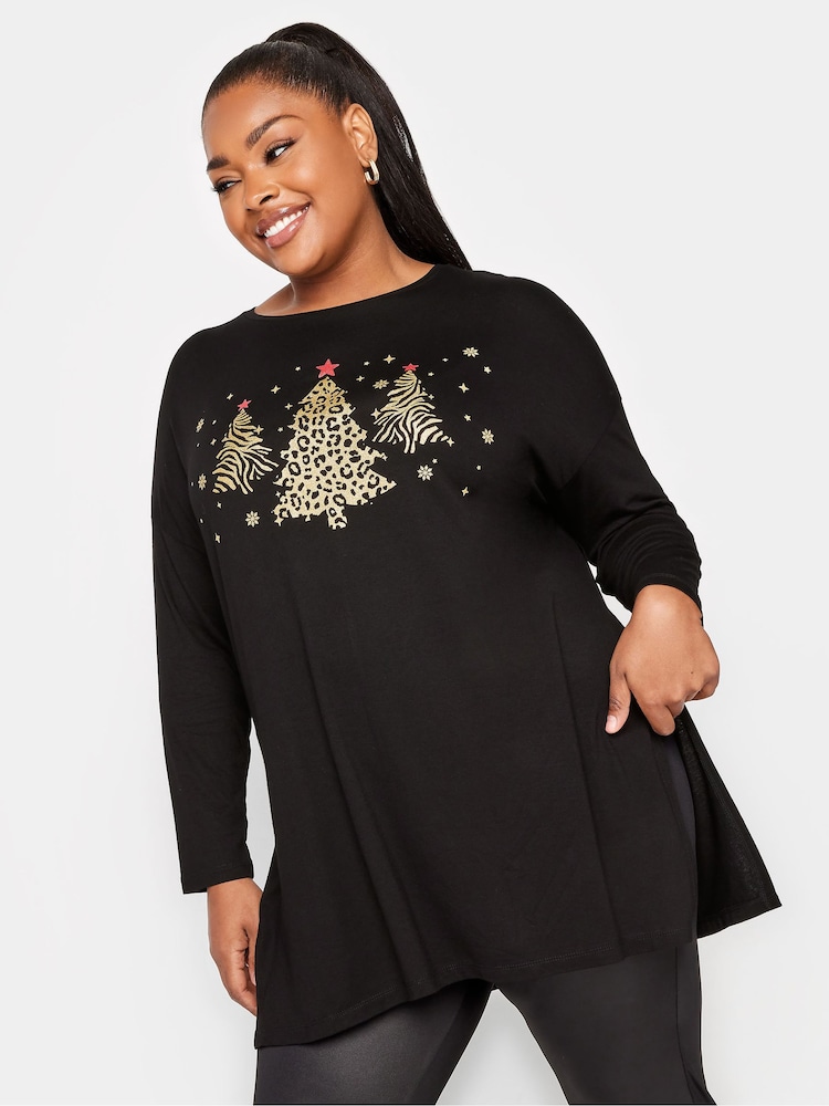 Yours Curve Black Novelty Long Sleeve Oversized Christmas T-Shirt - Image 1 of 4