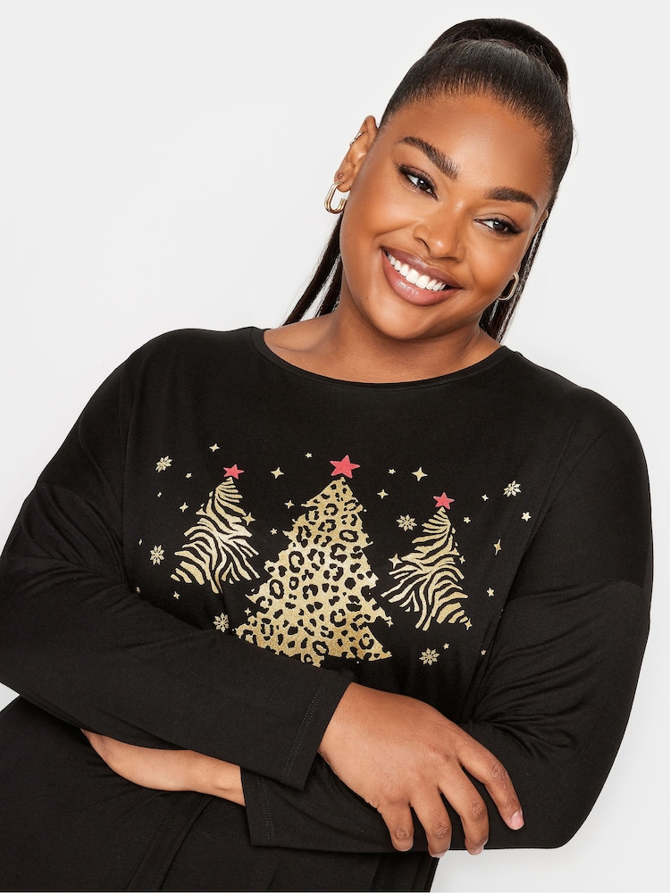 Yours Curve Black Novelty Long Sleeve Oversized Christmas T-Shirt - Image 4 of 4