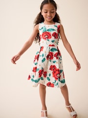 Red/White Flower Print Cut Out Detail Scuba Occasion Dress (1.5-16yrs) - Image 1 of 7