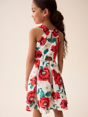 Red/White Flower Print Cut Out Detail Scuba Occasion Dress (1.5-16yrs) - Image 3 of 7