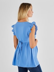 JoJo Maman Bébé Blue Broderie Flutter Sleeve Maternity Blouse - Image 2 of 4
