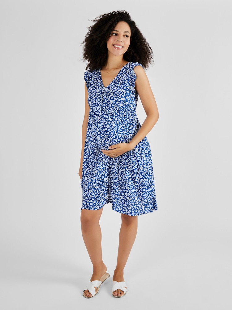 JoJo Maman Bébé Blue Frill Sleeve Maternity Dress - Image 1 of 5