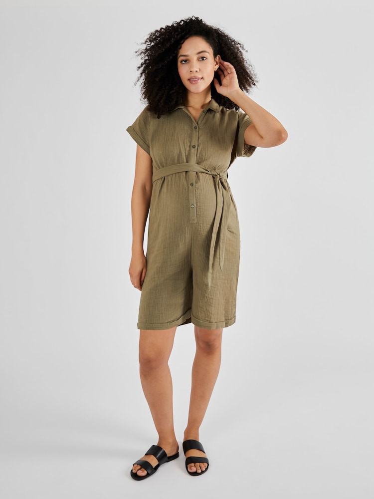 JoJo Maman Bébé Khaki Cotton Maternity Playsuit - Image 1 of 5