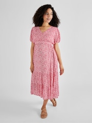 JoJo Maman Bébé Pink Floral Print Tiered Maternity and Nursing Midi Dress - Image 1 of 5