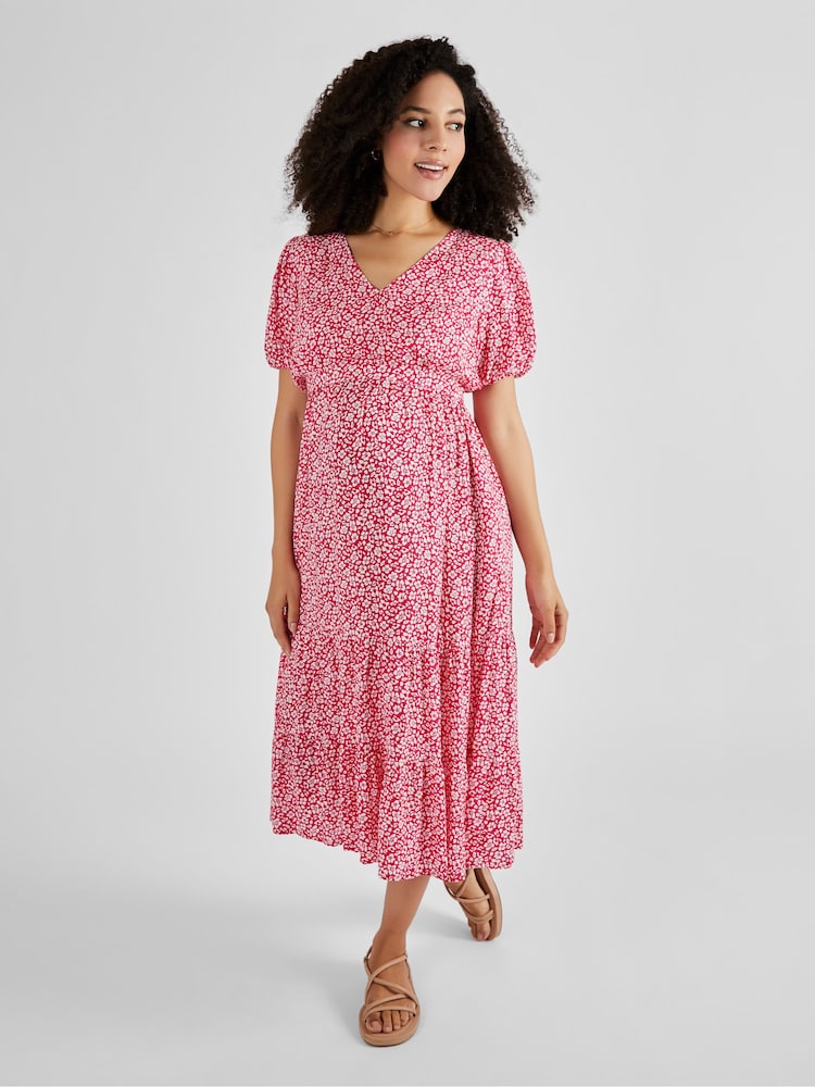 JoJo Maman Bébé Pink Floral Print Tiered Maternity and Nursing Midi Dress - Image 1 of 5