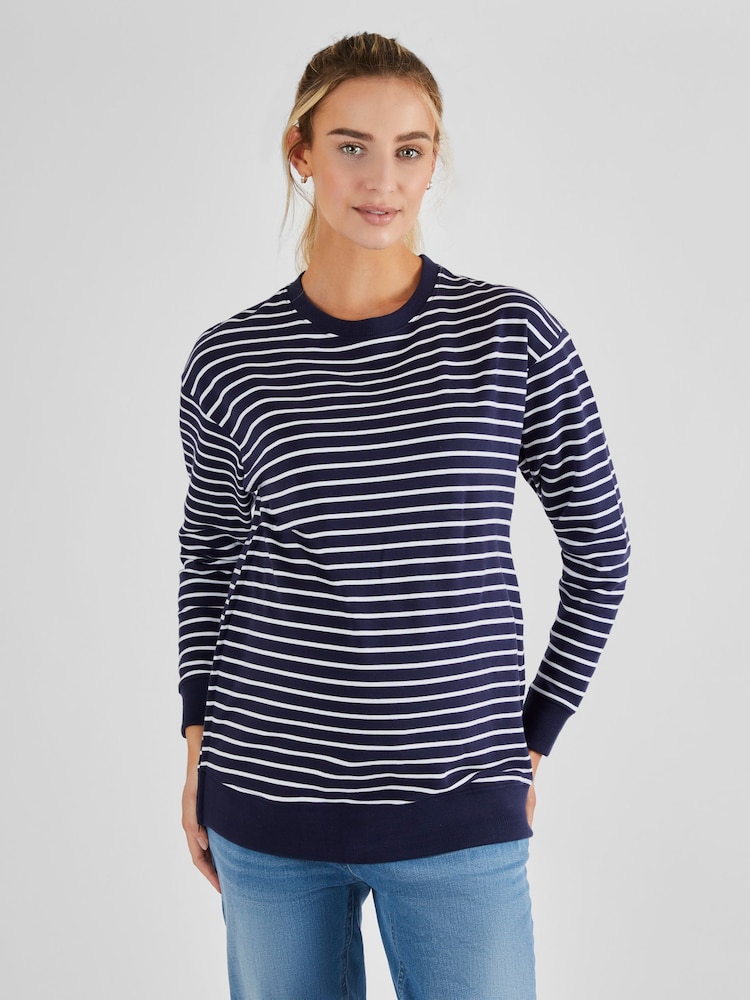 JoJo Maman Bébé Navy White Stripe Maternity & Nursing Sweatshirt - Image 1 of 4