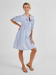 JoJo Maman Bébé Blue Tiered Embroidered Maternity Shirt Dress - Image 2 of 5